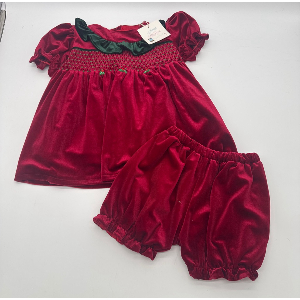 Sweet La Rose Smocked Matching Set 3T Red Green Velvet